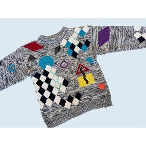 Vintage FAX 1980s Geometric & Faux Leather Patch Sweater Sz Small